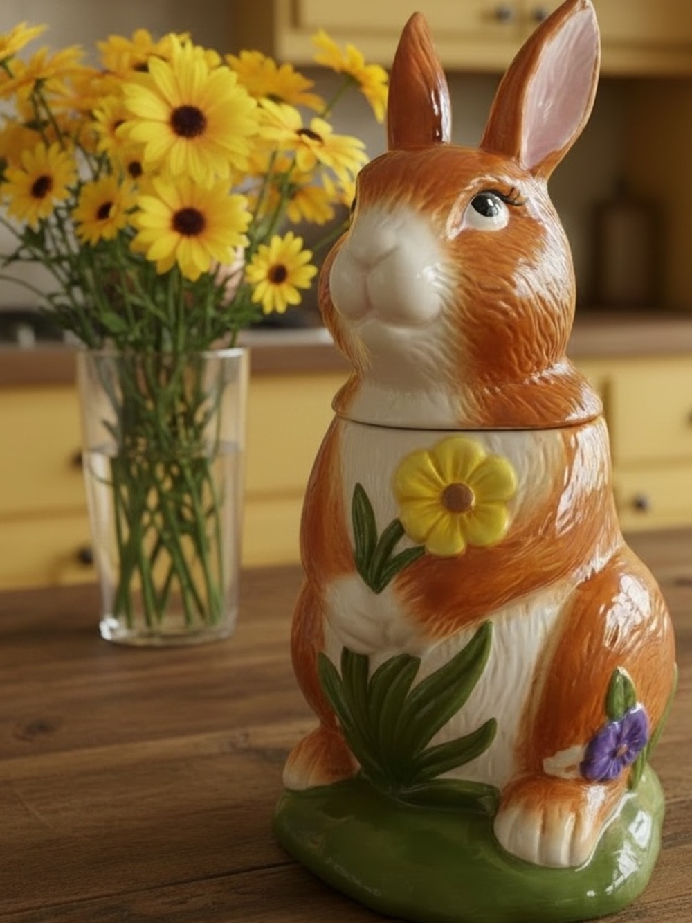 Wild Blossom Bunny Rabbit On Grass With Flowers Candy Cookie Jar 12 Inch Ceramic